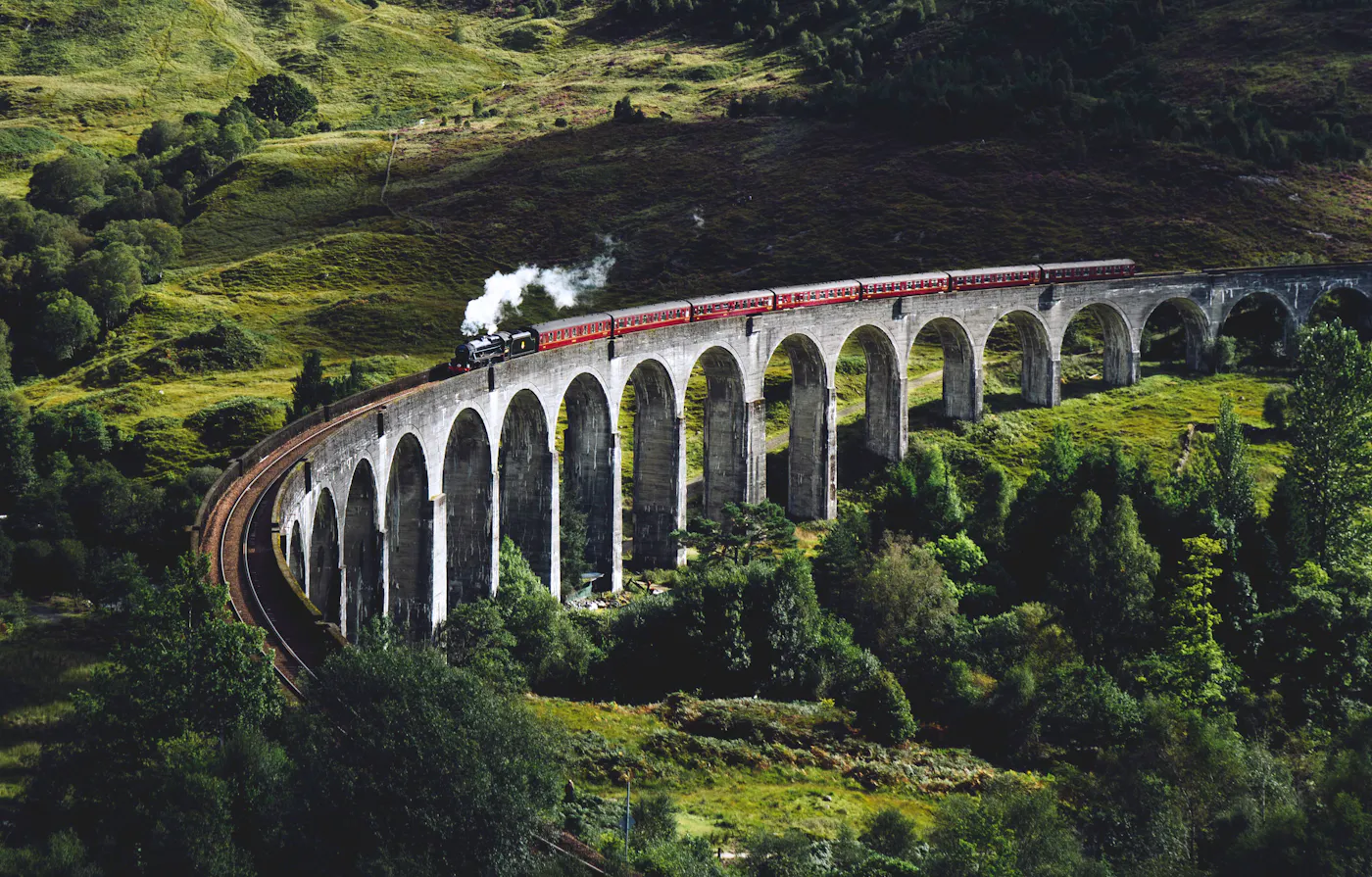 Steam train crossing the Glenfinnan Viaduct in the Scottish Highlands